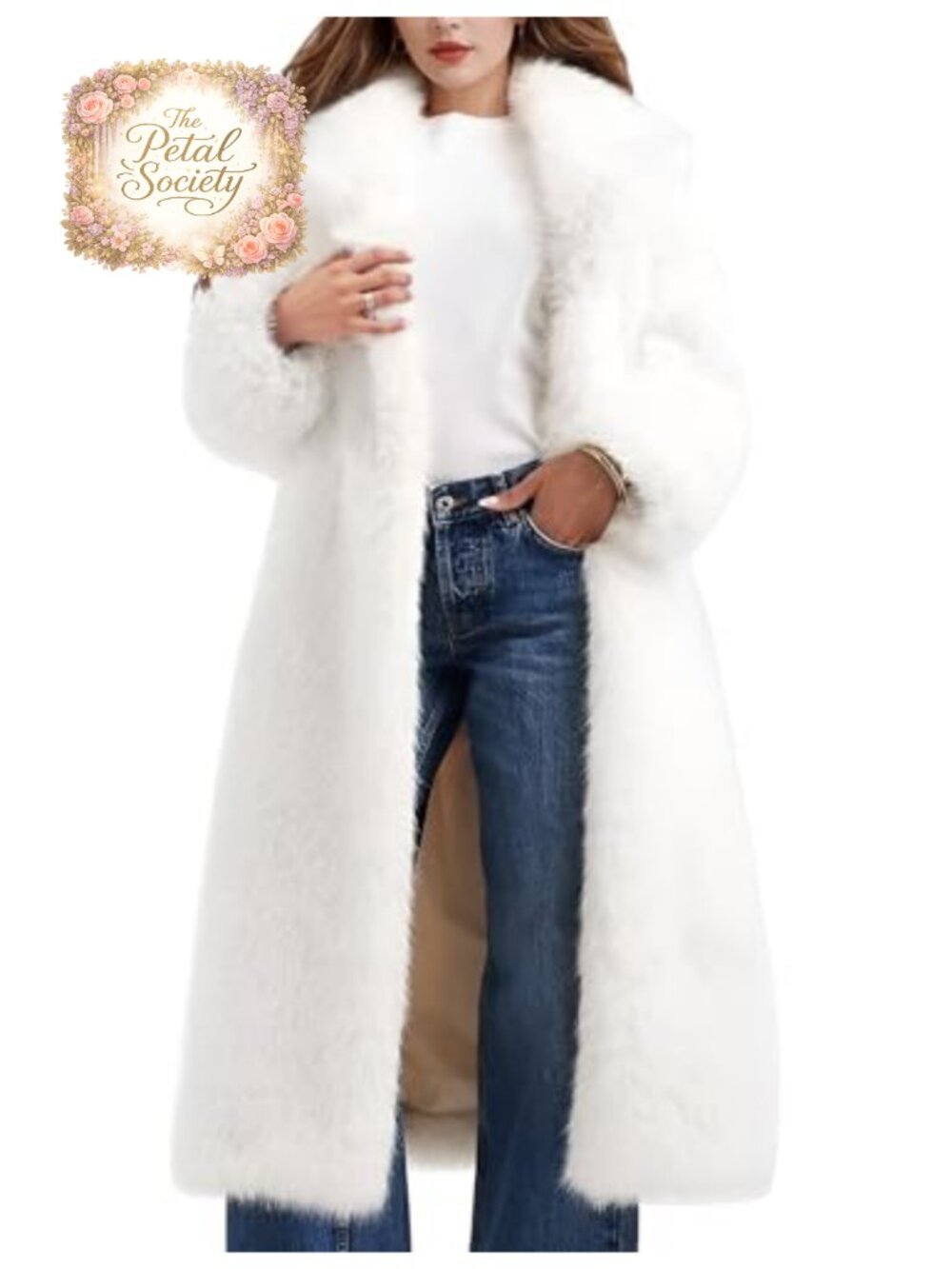 Womens Long Faux Fur Coat Fluffy Lapel Open Front Jacket